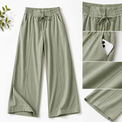 Drawstring High-Waist Wide-Leg Trousers